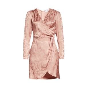 NSR Nara Faux Wrap Dress Pink Peach Rose Medium Jacquard Long Sleeve